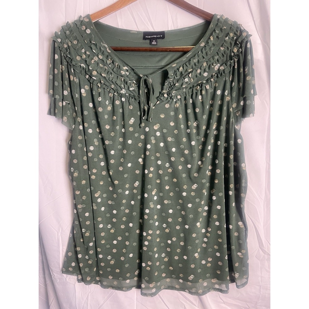 Fortune Ivy Woman's Sage Green Polka Dot Short Sleeve blouse Tie Front Sz 2X